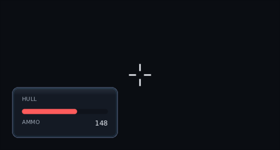 a heads-up display: a hull bar and an ammo count in the corner, a crosshair in the middle