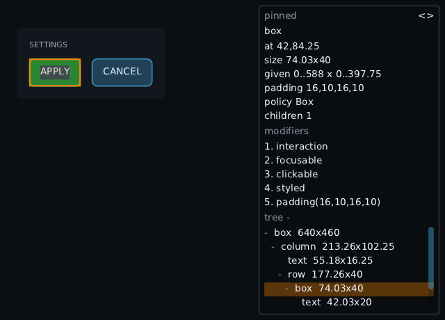 a settings panel with its APPLY button pinned, and the inspector's panel listing the button's size, padding and modifiers above a tree of the screen