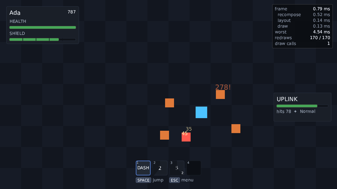 a KorGE game with a ComposeGL HUD: a health and shield panel, a hotbar, damage numbers and a frame budget over moving sprites