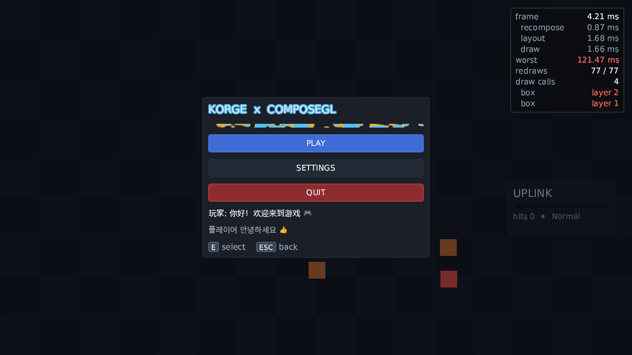the KorGE demo's menu: an outlined title, PLAY, SETTINGS and QUIT, and lines of Chinese and Korean text