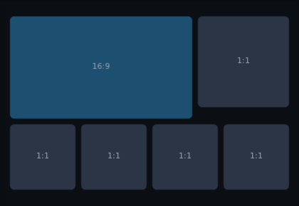 a weighted 16:9 frame beside a square, and a row of four square thumbnails