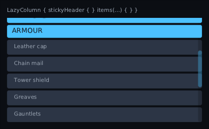 an inventory in sections, the Armour header pushing the Weapons header off the top