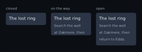 a quest entry closed, part-way open with its last line cut off, and open