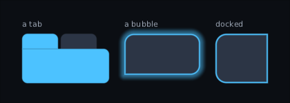 a tab rounded along its top, a speech bubble with one square corner, and a panel square on its right