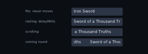 four name slots at the same moment: a name that fits sitting still, one resting before it starts, one part way across, and one coming round with its copy behind