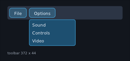 a menu hanging under the Options button, placed by the button's onPlaced