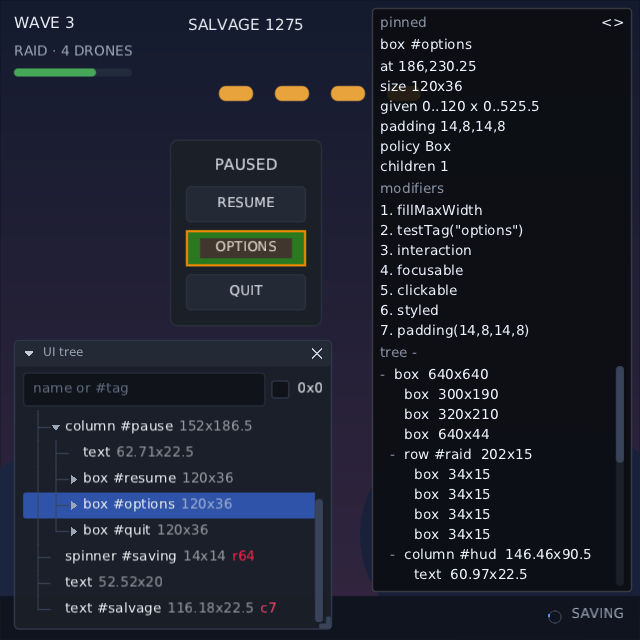 a paused game with a UI tree window under it and the inspector's panel down the right side; the OPTIONS button is outlined on the screen and its row is the one picked out in the tree
