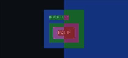 a panel with a card, a button and a translucent scrim over half of it, shaded blue, green and pink where they stack