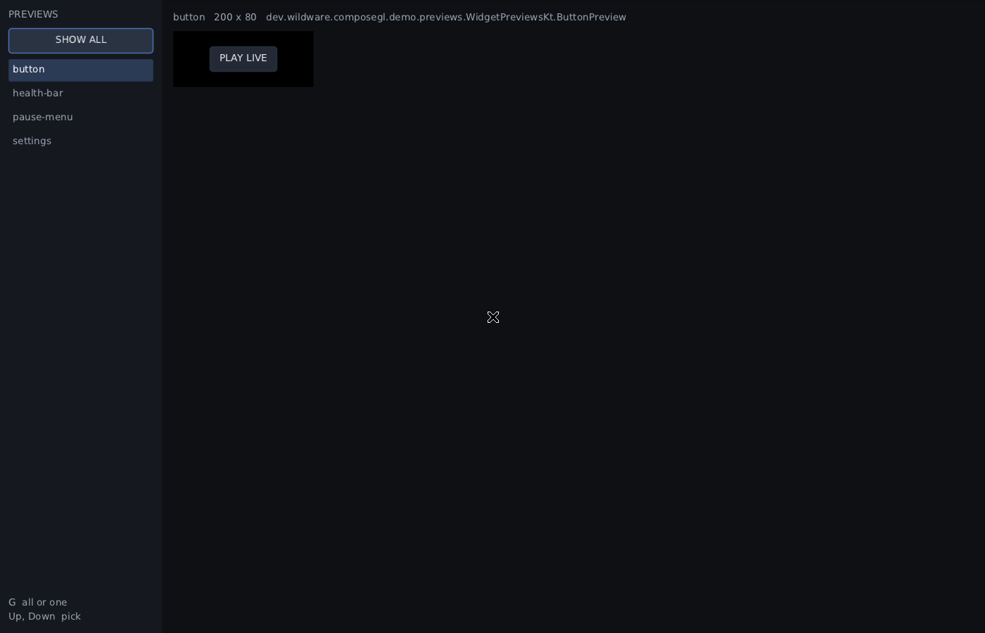 the live preview window: a list of previews down the left with "button" selected, and the button preview on the right reading PLAY LIVE, redrawn after the source file was saved