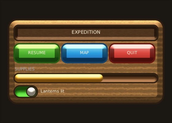 a game panel made of lit surfaces: a wooden plank, a sunken name plate, three graded buttons, a supply bar in a groove, and a switch