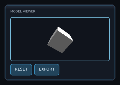 a panel titled MODEL VIEWER with a grey cube drawn by raw OpenGL inside a rounded, focused scene view, and RESET and EXPORT buttons under it