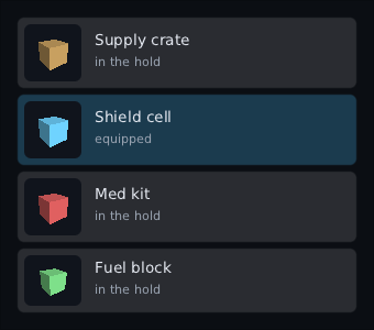 a list of four items, each with a small cube preview beside its name: a tan supply crate, a blue shield cell marked equipped, a red med kit and a green fuel block