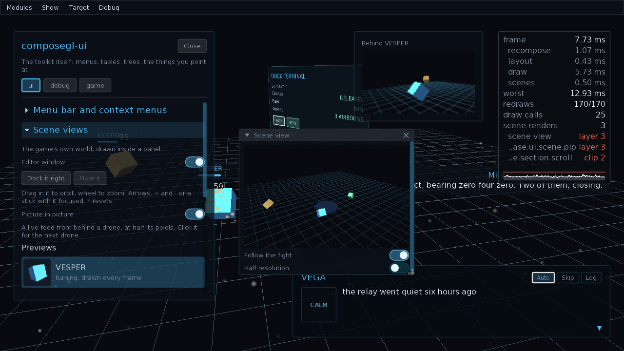 the showcase with the composegl-ui section open on Scene views: a turning drone preview in the section's list, a Scene view debug window over the fight showing the whole world from an orbiting camera, and a picture in picture at the top titled Behind VESPER, following one drone