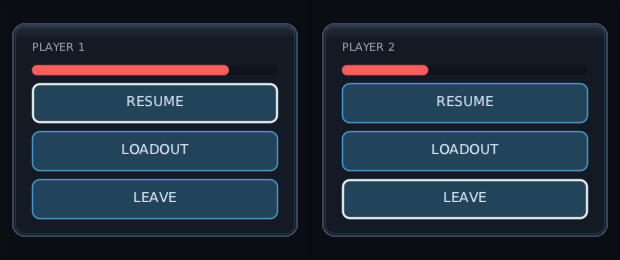two players' pause menus side by side, player one on RESUME, player two moved down to LEAVE with their own pad