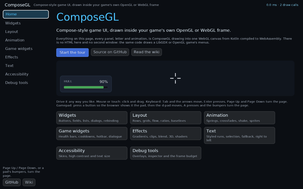 the showcase in Chromium: the section list down the side, and the landing page with a live HUD and a tile for every section