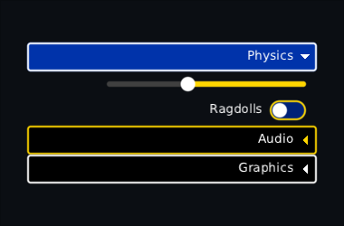 the same headers right to left in the high-contrast skin: triangles at the right, the closed ones pointing left, and a yellow focus ring on Audio