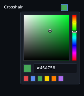 a Crosshair setting with its green swatch clicked, and the colour picker open under it