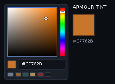an armourer's tint being mixed: the pointer is part way through a drag across the saturation and brightness square, the ring under it, and the plate of armour beside the picker is already the bronze the drag has reached, #C7762B