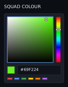 a squad colour picker with the right shoulder held down: the hue has walked from red round to green, #69F224, the bar is well down the rainbow strip, and the focus ring is still on the square