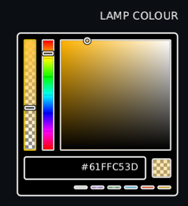a lamp colour picker in the high-contrast skin, right to left: the square is on the right, the hue and alpha strips run down its left, and a drag part way down the alpha strip has left the lamp half see-through at #61FFC53D, its swatch showing the checkerboard through it