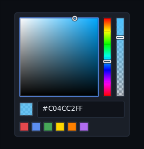 a colour picker: a saturation and brightness square with a ring on it, a rainbow hue strip, an alpha strip over a checkerboard, a hex field reading #C04CC2FF and six team colour swatches