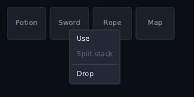 a row of inventory slots with a menu opened by right-clicking the Sword slot: Use, a greyed-out Split stack, and Drop