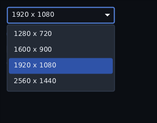 a resolution dropdown open over the settings under it, with the chosen option lit
