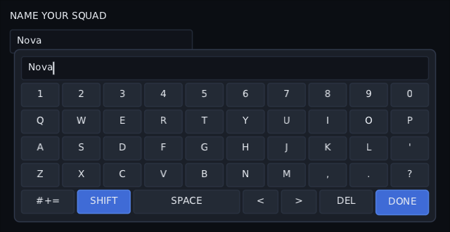 a keyboard of buttons along the bottom of the screen, under a name field
