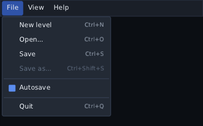 a menu bar with File open: items with Ctrl shortcuts beside them, a greyed-out Save as, a ticked Autosave and lines between the groups