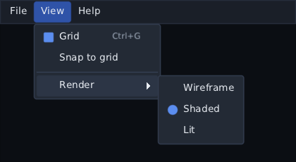 the View menu open with its Render submenu beside it, Shaded chosen with a dot