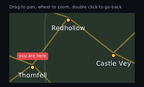 a world map zoomed in on Thornfell, Redhollow and Castle Vey, with roads between the pins and a "you are here" marker