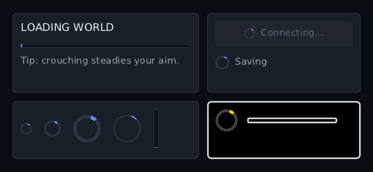 spinners and bars moving: a bar sliding under a LOADING WORLD header, a small spinner inside a greyed-out Connecting... button and beside Saving, spinners at 16, 24 and 40 with a thin one and a bar standing up, and a yellow spinner and bar in the high-contrast skin