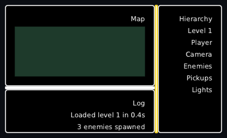 the same editor right to left in the high-contrast skin: the hierarchy on the right, and a yellow focus ring on its divider