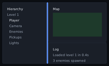 a level editor in nested splitters: a hierarchy beside a map stacked over a log, with the hierarchy's divider held and dragged right, lit blue