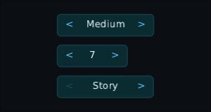 a quality stepper, a focused volume stepper at 7, and a difficulty stepper at its first option with its left arrow dimmed