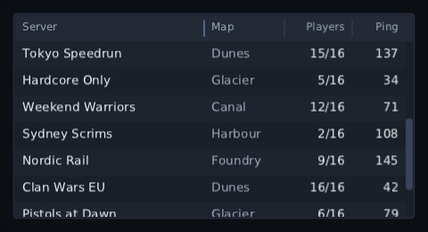 a server browser scrolled halfway down its list with the titles still at the top, Server widened into Map and the divider between them held, lit blue