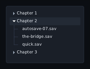 a save picker where a click on Chapter 2's arrow has opened it, showing its three saves