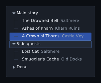 a quest log on a pad: A Crown of Thorns chosen with South, then focus moved down to Side quests and opened with Right, while Done stays shut