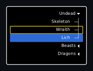 a right-to-left bestiary in the high-contrast skin, the indent coming in from the right, shut rows' arrows pointing left, focus on Wraith and Lich chosen