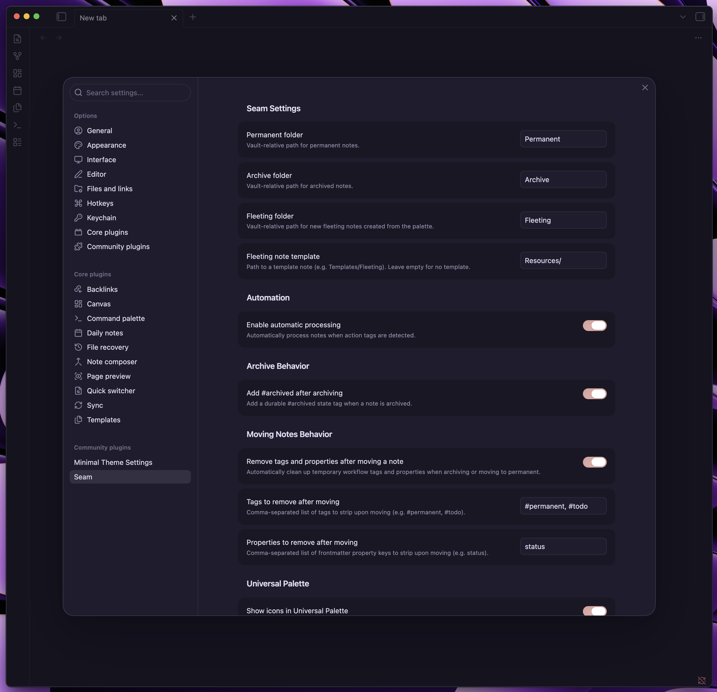 "Seam settings"