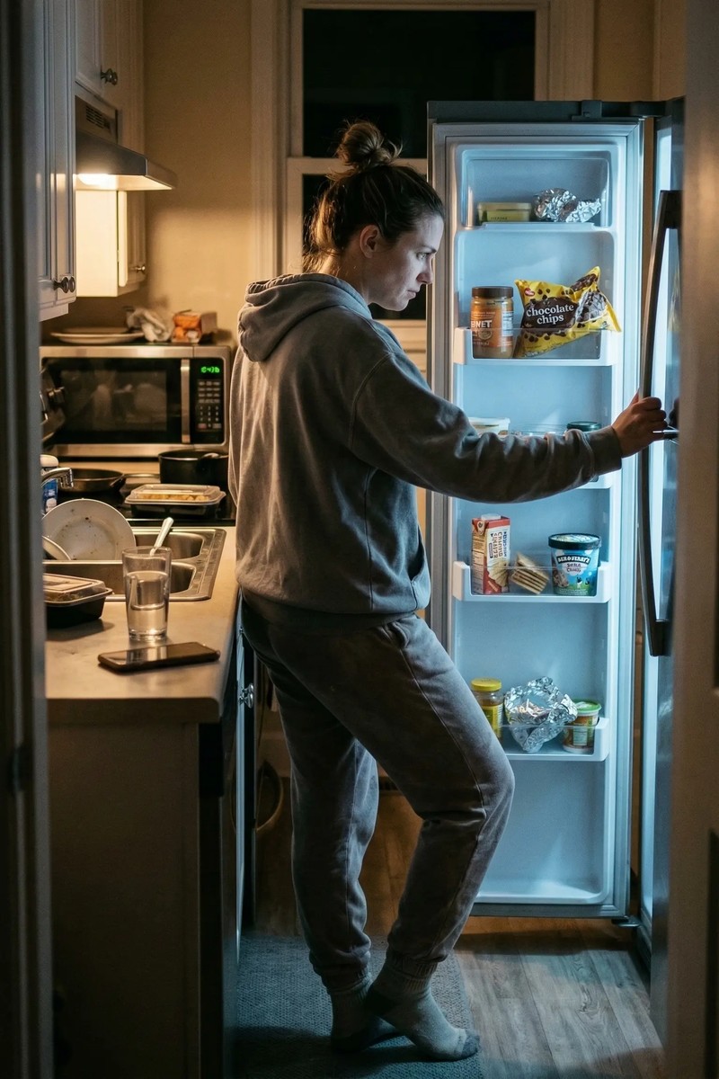 Kitchen at night — opening the fridge moment