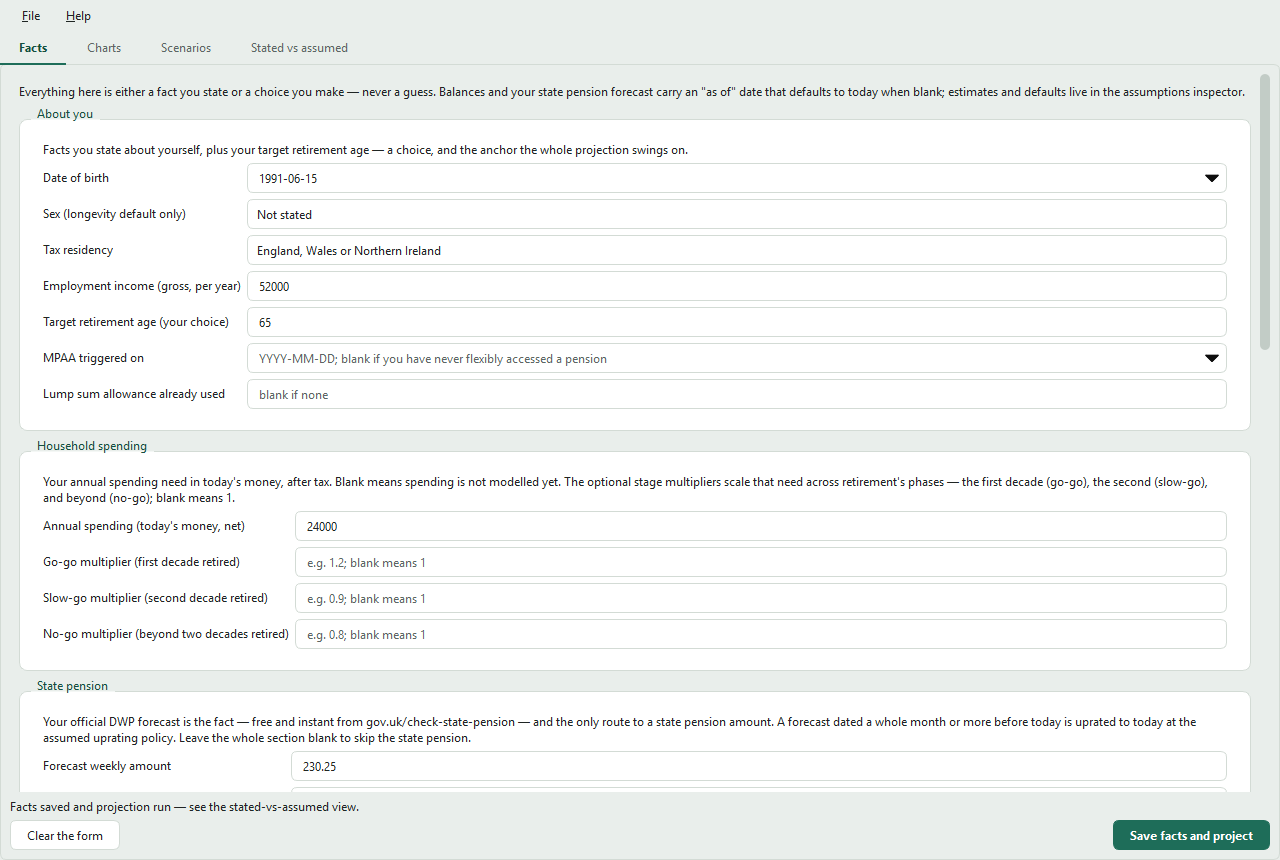 The facts tab: the About you, Household spending, and State pension cards of the entry form, with the example plan's values filled in