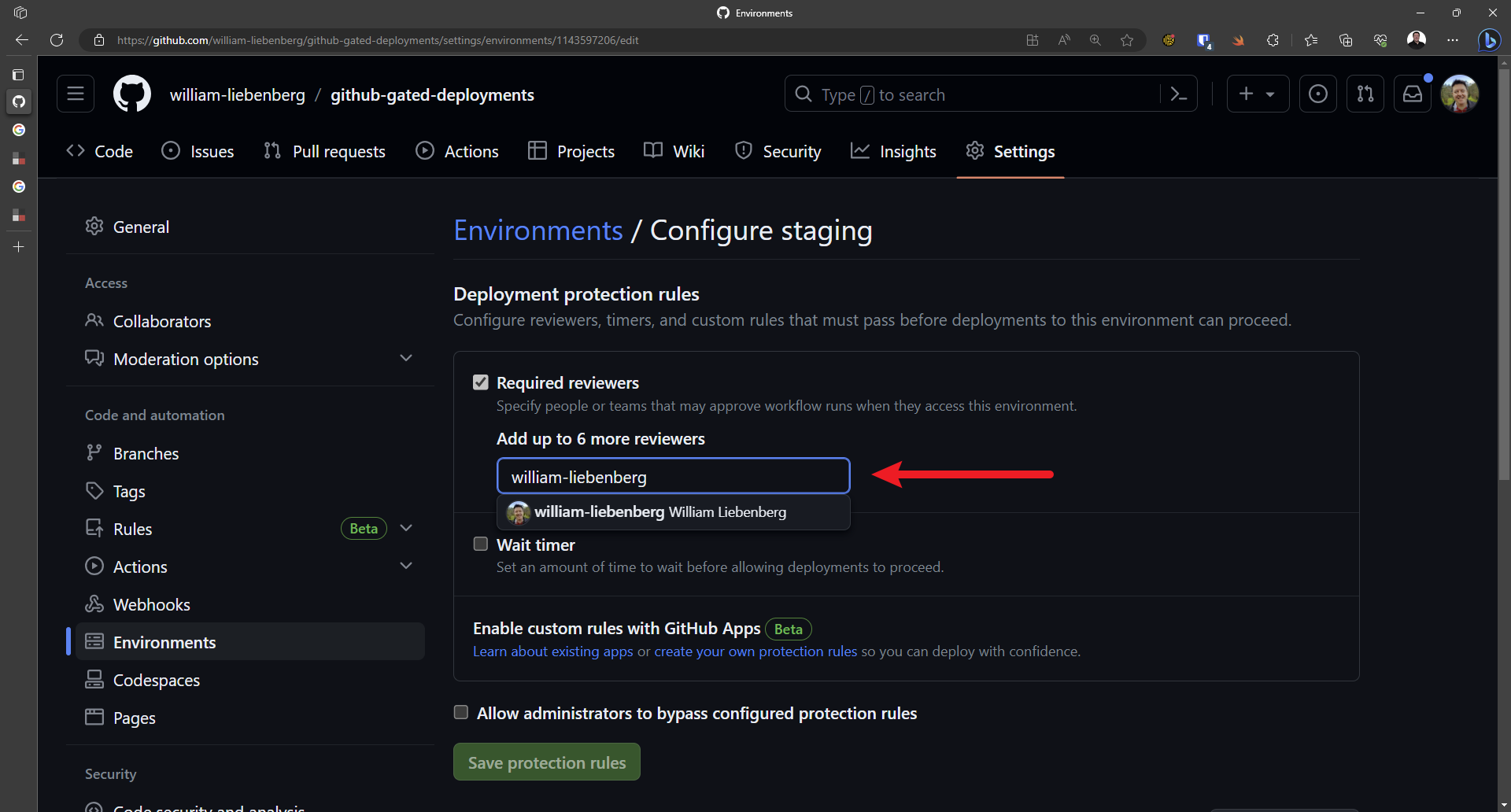 Adding required reviewers to a GitHub environment