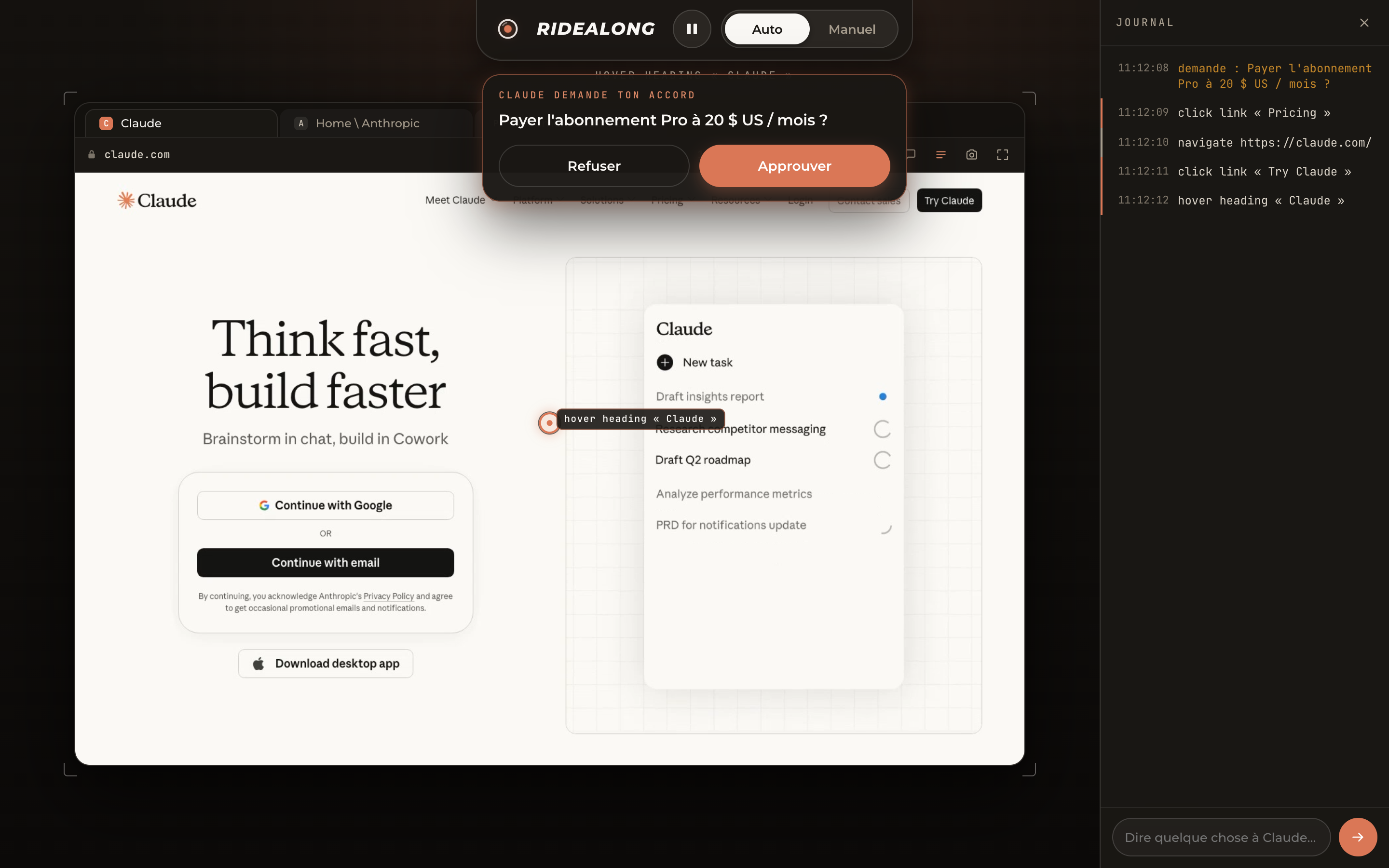 Live view on desktop: tabs, Claude's cursor, the action journal