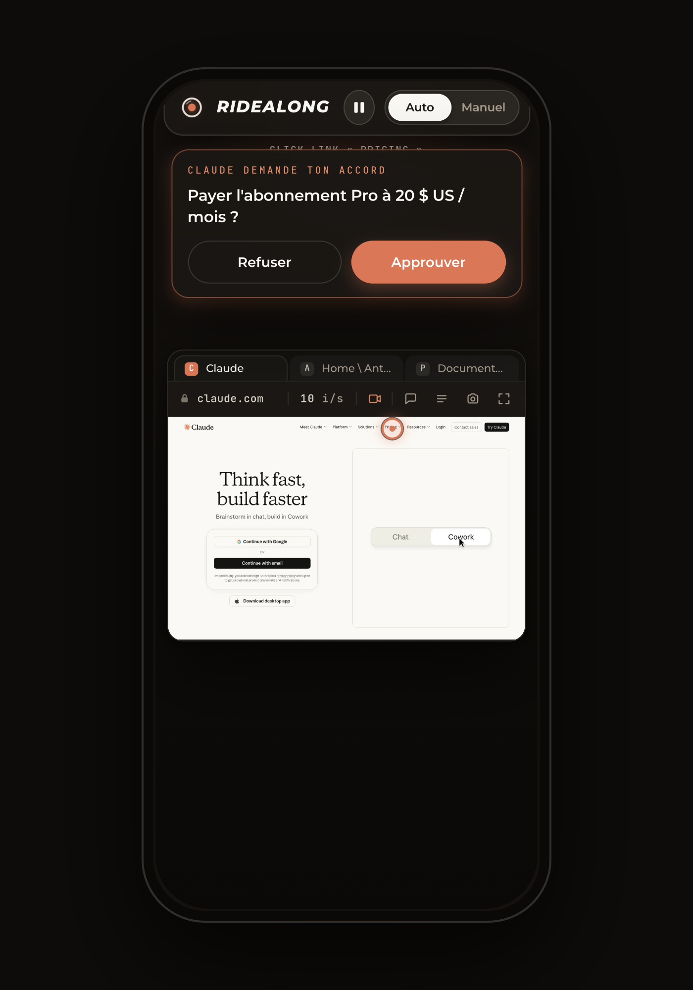 Live view on a phone with an approval card: Approuver / Refuser