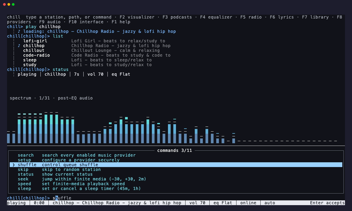 chill playing chillhop with a live spectrum visualizer and command suggestions in the REPL