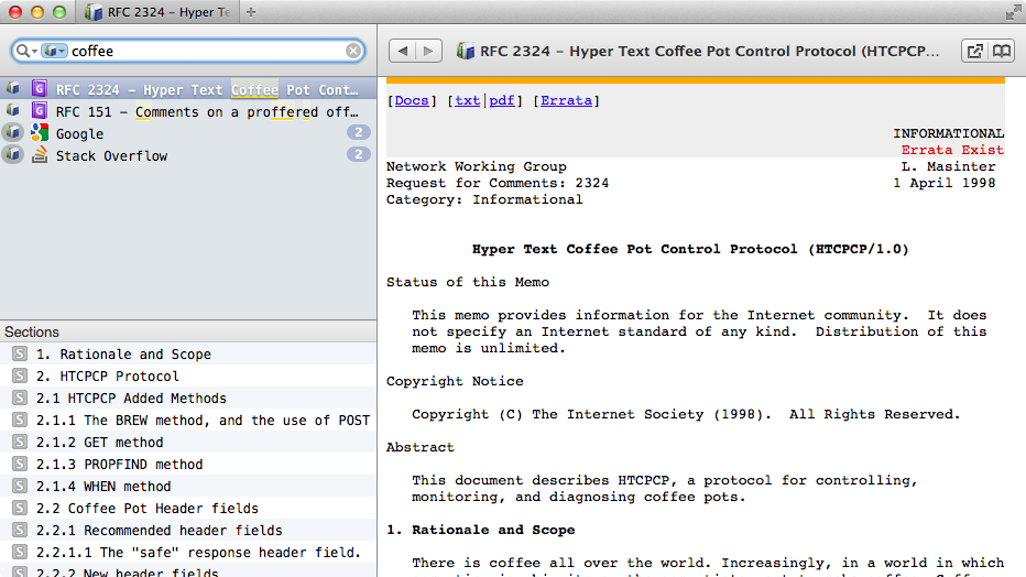 Dash screenshot showing RFC 2324