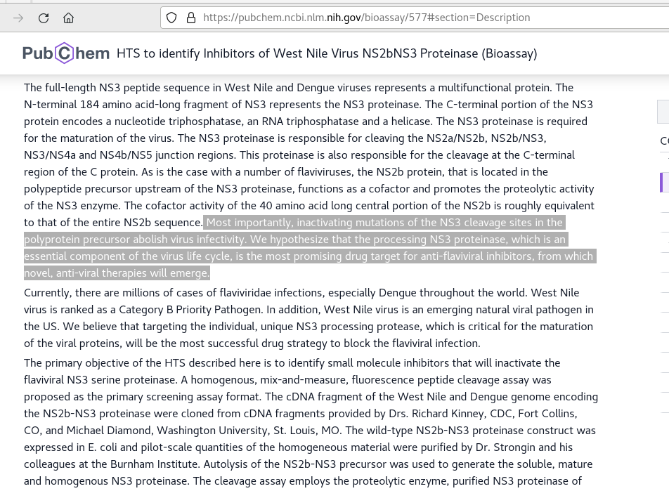 PubChem BioAssay AID 577 - HTS to identify Inhibitors of West Nile Virus NS2bNS3 Proteinase