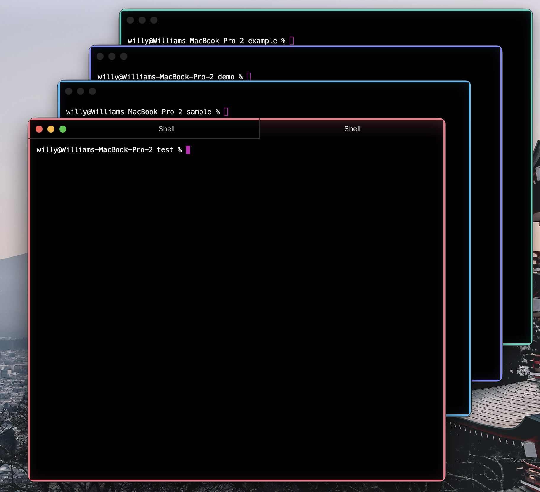 Four Hyper windows, each in a different project folder, with the plugin giving each its own colored border