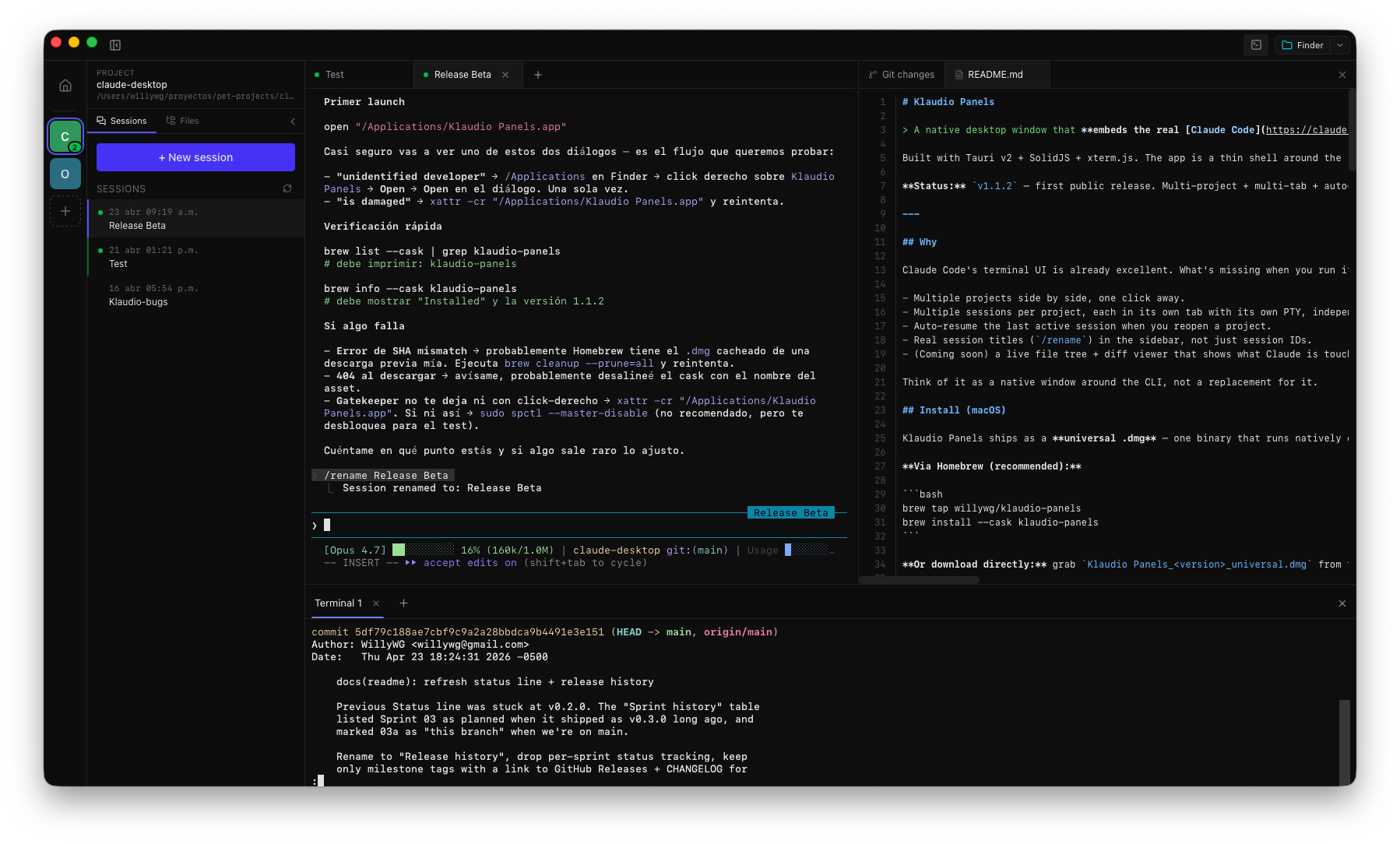 Claude session with Markdown preview and shell dock